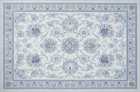 Phantoscope Washable Area Rug 6'x9' Non-Slip, Vintage Neutral Rugs for Living Room, Bedroom, Dining Room, Distressed Boho Floral Medallion Pattern, Low-Pile Foldable Floor Carpet, Blue/White