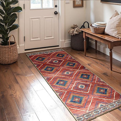 Area Rug 2x5 Rug Machine Washable Non-Slip Low Pile Print Pattern Western Rug for Living Room Bedroom Entryway Tribal Series-Red/Orange