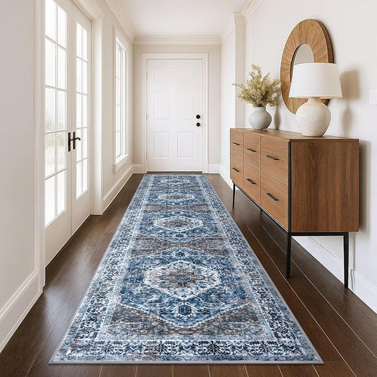 KOZYFLY Runners for Hallways 3x12 Ft Thin Long Washable Kitchen Runner Non Slip Runners Rug for Entryway Indoor Blue Printed Faux Wool Stair Runner Floor Carpet for Stair Kitchen Hall, Blue