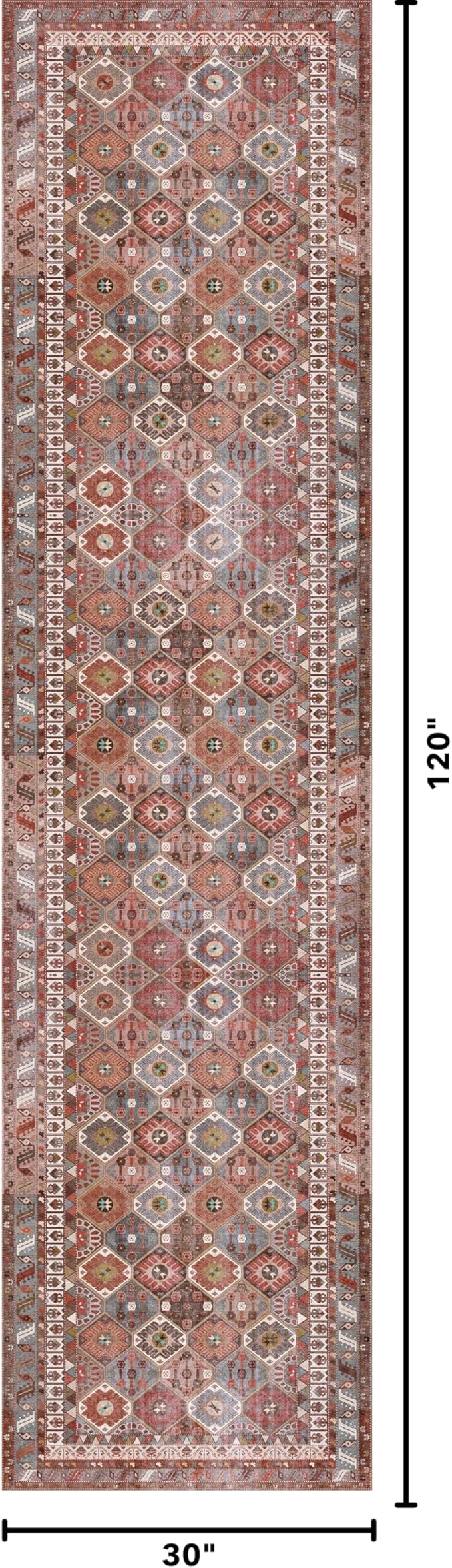 Kuden 2'6"x10 Runner Rug, Machine Washable Area Rug with Non-Slip Backing, Vintage Style, Soft, Easy Clean, Low Pile Rug for Hallway, Entryway, Kitchen, Bedroom