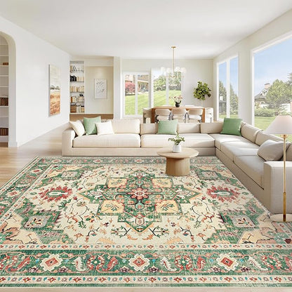 Area Rug 9x12 Washable Rug, Vintage Boho Medallion Rugs Non-Slip Soft Low Pile Large Distressed Rug Indoor Retro Carpet for Living Room Bedroom Dining Room Home Office (Green Beige, 9'x12')