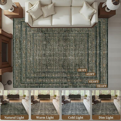 MontVoo-Vintage Area Rugs 8X10 Green Rugs for Living Room-Soft Distressed Printed Rugs for Bedroom-Non Slip Carpet-Machine Washable Rug for Dining Room Living Room Bedside Office