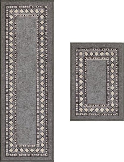 Antep Rugs Alfombras Modern Bordered 2pc Non-Skid (Non-Slip) Low Profile Pile Rubber Backing Indoor Kitchen Runner Rugs (Gray, 2pc Set)