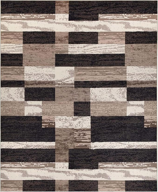 Superior Indoor Area Rug, Plush Carpet Cover, for Kids or Pets, Hallway, Entryway, Living Room, Dining, Bedroom, Office, Kitchen, Modern Geometric Patchwork, Rockwood Collection, 12' x 15', Chocolate