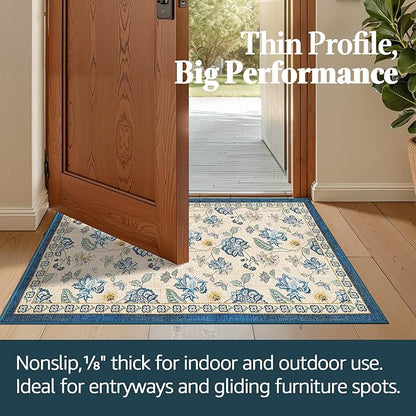 jinchan Elora 3x5 Floral Rug for Entryway Washable Rug Vintage Romance Design Small Mat Non Slip Indoor Doormat Lightweight Low-Profile Throw Carpet for Entrance Bathroom Laundry Room, Blue/Beige