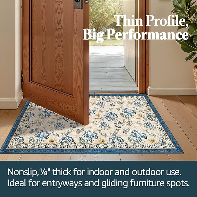 jinchan Elora 2x3 Floral Rug for Entryway Washable Rug Vintage Romance Design Small Mat Non Slip Indoor Doormat Lightweight Low-Profile Throw Carpet for Entrance Bathroom Laundry Room, Blue/Beige