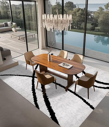 YIHOUSE Modern Area Rugs for Living Room, 8x10 Washable Black and White Rug, Thin Abstract Geometric Striped Rug, Area Rug for Bedroom,Kitchen,Dining Room,Office