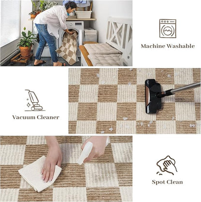 LIVEBOX 3x5 Washable Area Rug Checkered, Non-Slip Small Entryway Rug Brown Farmhouse Neutral Classic Geometric Boys Rug for Bedroom Room Low-Pile Carpet for Indoor Kitchen Bathroom(Brown 3'x5')