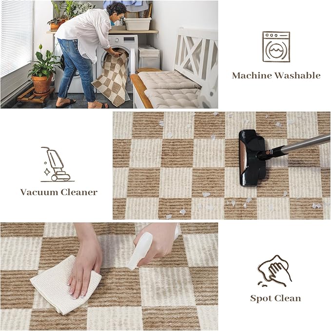 LIVEBOX Machine Washable Area Rug 6x9 Checkered, Non Slip Soft Large Bedroom Living Room Rug Farmhouse Neutral Classic Geometric Boys Rug, Indoor Carpet for Den Dorm Playroom(Brown,6'x9')