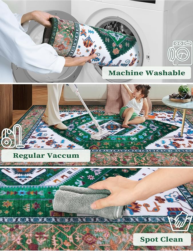 SERISSA Runner Rug for Hallways, 2'6"x12' Washable Non Slip Kitchen Runner Rug, Extra Long Boho Rug Ultra Soft Vintage Green White Print Floor Carpet for Bedroom Hallway Entryway Bathroom Laundry Room
