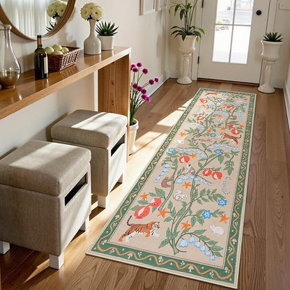 Collive 2x6 Hallway Runners Rug Non Slip, Green Washable Jungle Animal Kitchen Rug Runner for Hallways, Low Pile Entryway Carpet Soft Stain Resistant Bathroom Mats for Laundry Room, Bedside, Bedroom