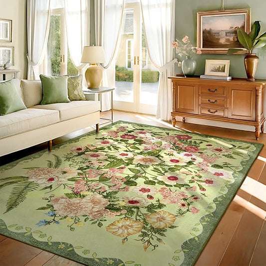 Floral Bedroom Rug - 4x6 Washable Area Rugs Non-Slip Soft Low-Pile Stain Resistant Carpet Flower Print Vintage Indoor Rug for Living Room Dining Room Office Nursery Room, Green