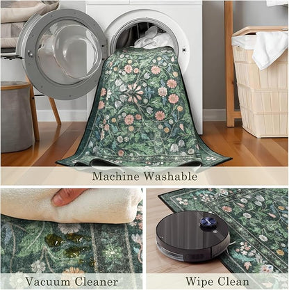Green Floral 8x10 Area Rugs for Living Room Large Washable Rug Vintage Forest Low Pile Non Slip Stain Resistance Soft Carpet for Dining Room, Bedroom, Office Rug, Kids Room, Nursery Room, Playroom