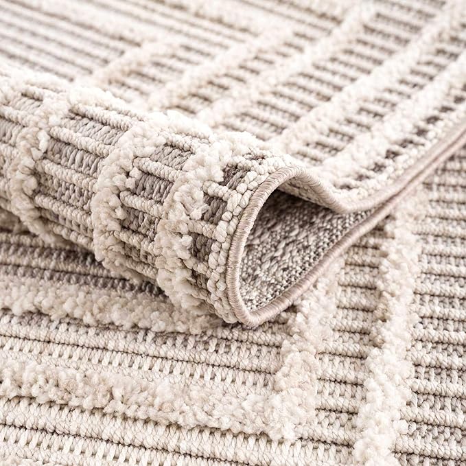 Hauteloom Lunao Farmhouse Living Room Bedroom Moroccan Square Pattern Abstract Area Rug - Soft Shaggy High Low Carpet - High Pile - Bohemian, Boho - Gray, Brown, Beige, Cream - 7'10" x 10'