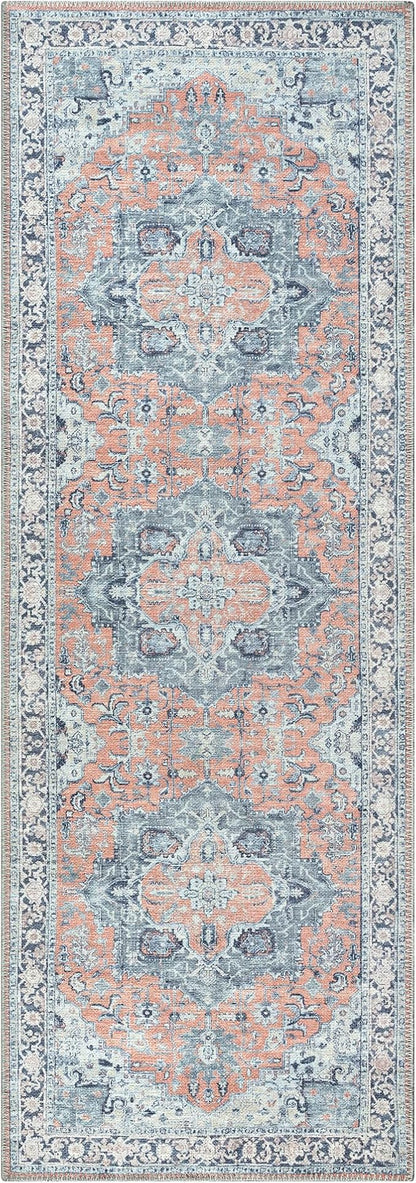 Bloom Rugs Washable Non-Slip 12 ft Runner - Coral/Blue Traditional Medallion Runner for Entryway, Hallway, Bathroom, and Kitchen - Exact Size: 2.5' x 12'