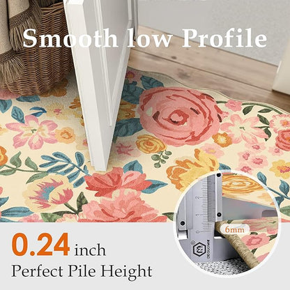Washable Floral Area Rug 4x6 Beige Office Carpet Scalloped Flower Non Slip Soft Living Room Rug Farmhouse Low Pile Thin Indoor Floor Cover for Bathroom Bedroom Kitchen Laundry Dining Room