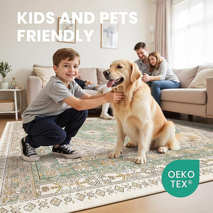zesthome 6x9 Area Rug, Super Soft Washable Rugs for Living Room, Non-Slip Stain Resistant Vintage Rugs, Ultra-Thin Large Area Rugs (Green/Brown,6'x9')