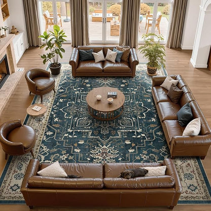 Large 10x14 Area Rugs, Washable Non Slip Big Rug for Living Room Bedroom, Distressed Medallion Vintage Big Carpet Rugs for Dinig Room Family Rooms, Low Pile Thin, Deep Blue/Multi