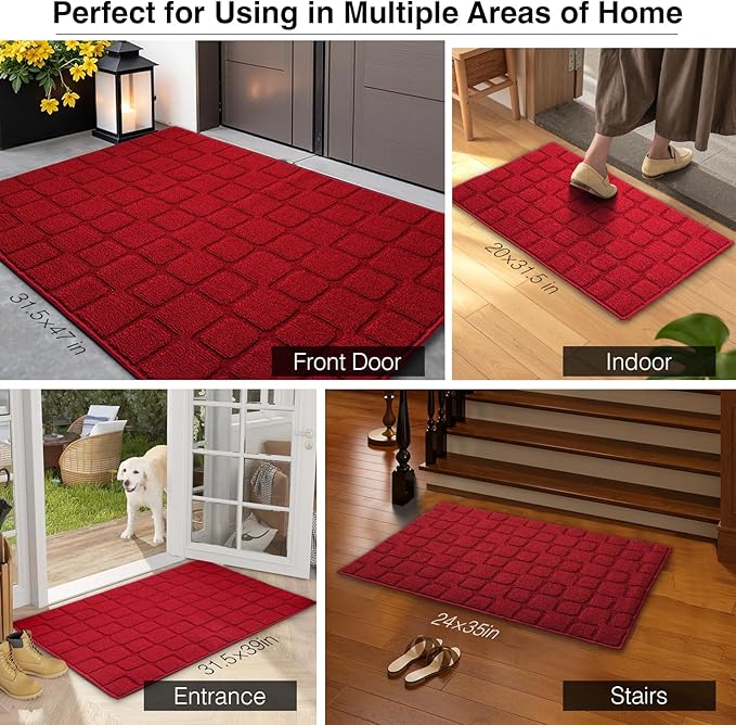 Front Door Mat Outside Entrance, Outdoor Indoor Door Mats for Entryway, Entrance, Entry, Patio, Waterproof Non Slip Doormat, Low-Profile, 24" × 35“, Red