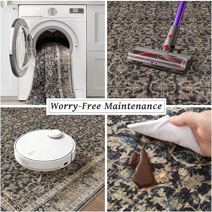 Washable 5x7 Area Rugs for Living Room, Boho Non-Slip Vintage Distress Rugs for Bedroom Dining Room Nursery Office, 0.3" Neutral Oriental Throw Thin Carpet with Cushioning Pad, Black/Brown/Blue/Multi
