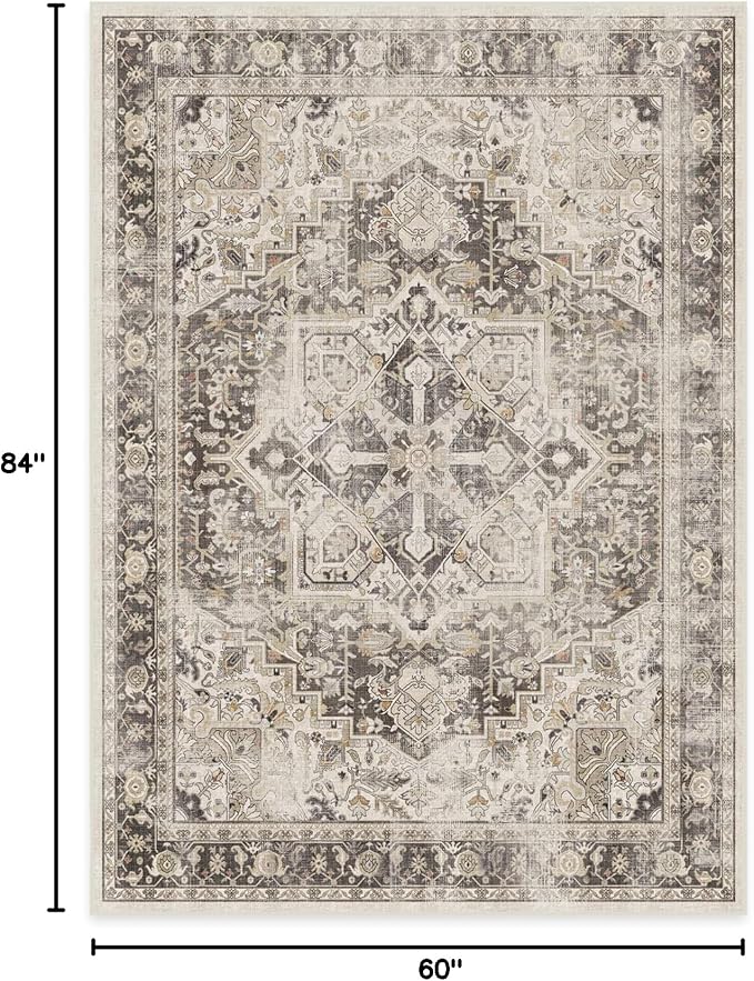 RUGGABLE Washable Vintage Area Rug – Kamran Hazel 5x7, Stain-Resistant, Non-Slip – Medium Machine Washable Rugs for Living Room, Bedroom, Hallway, Entryway & Office–with Standard Pad