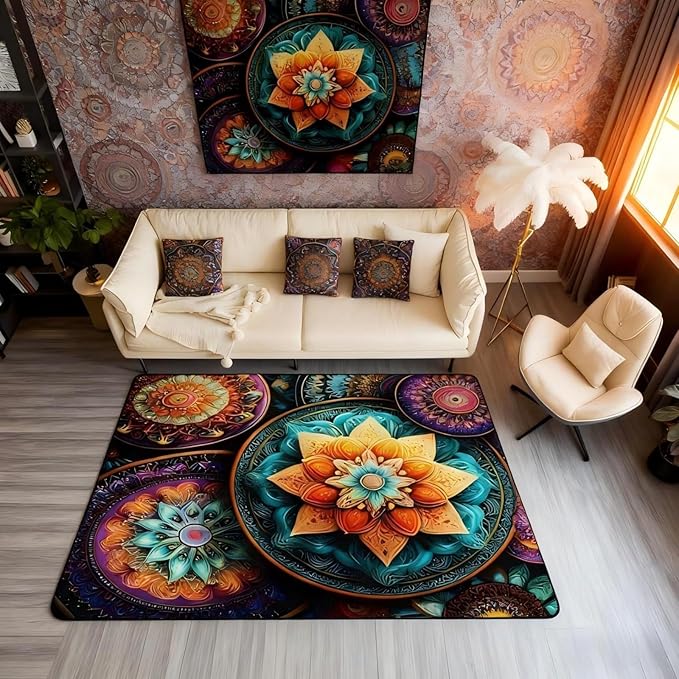 Vintage Mandala Large Area Rug 5x7 Victorian Decor Damask Living Room Rug | Antique Decor Boho Floral Rugs for Bedroom, Bohemian Paisley Medallion Carpet Indoor Floor Mat