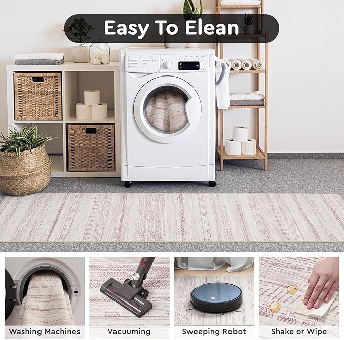2x6 Pink Runner Rug Machine Washable Non Slip Area Rug Distressed Neutral Moroccan Boho Rug Ultra Soft Floor Runners for Hallways for Entryway Laundry Room Kitchen