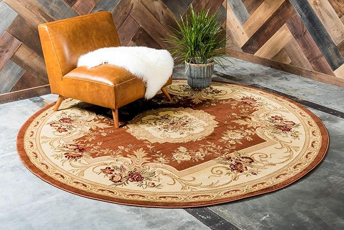 Unique Loom Versailles Collection Traditional Classic Floral Motif Area Rug (8' 0 x 8' 0 Round, Terracotta/ Ivory)