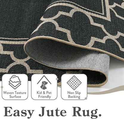 Moynesa Moroccan Easy Jute Outdoor Rug 8x10, Black Washable Living Room Rug Indoor Outdoor Patio Rug Non Slip, Geometric Farmhouse Carpet for Backyard Bedroom Dining Room