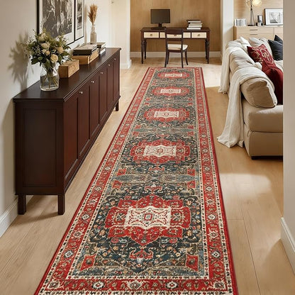 Enkor Runner Rugs for Hallway, 2.6x13 Washable Soft Boho Non Slip Floor Rugs for Kitchen, Modern Mat for Living Room Bedroom Entryway Red & Blue