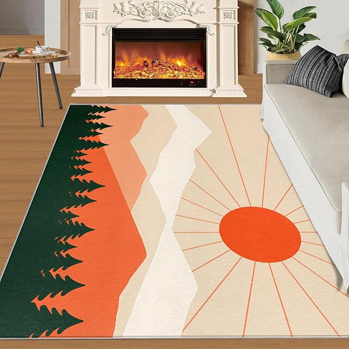 Boho Sun Area Rugs 5x6ft, Minimalist Mountain Rugs for Kids Bedroom, Abstraction Deco Office Rug Low Pile are Not Stumbling Foot for Living Room End Table Nursery