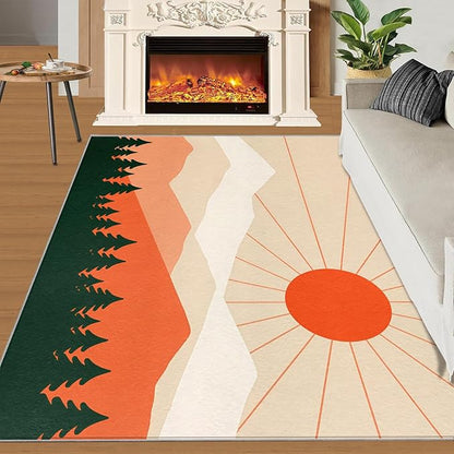 Boho Sun Area Rugs 5x6ft, Minimalist Mountain Rugs for Kids Bedroom, Abstraction Deco Office Rug Low Pile are Not Stumbling Foot for Living Room End Table Nursery