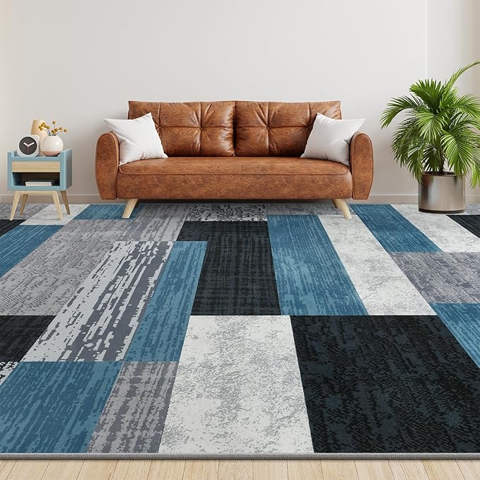 Large Area Rugs,Modern Geometric Patchwork Floor Decor for Bedroom Aesthetic Carpet, Rockwood Collection, Indoor Rugs for Living Room, Dining Room, Nursery, Office, Machine Washable Rug,9x12 Ft Blue