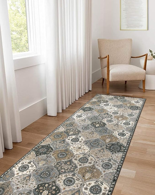 Lahome Moroccan Trellis Washable Runner Rug, 2x6 Runners for Hallways 6 Feet Non Slip Vintage Laundry Room Rug Vintage Ultra-Thin Long Carpet for Kitchen Bedroom, Grey