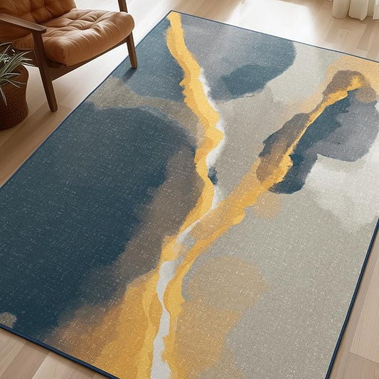 Phantoscope Washable Area Rug 5'x7' Non-Slip, Vintage Modern Boho Rugs for Living Room, Bedroom, Dining Room, Cloudscape Golden Horizon Pattern, Low-Pile Foldable Floor Carpet, Deep Grey/Gold