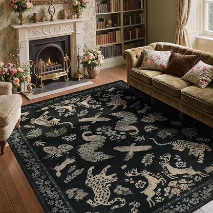 Moynesa Vintage Animal Washable Area Rugs 8x10, Retro Black Gold Area Rug for Living Room Bedroom Dining Room Office Study, Low Pile Soft Non Slip Stain-Resistant Carpets for Home Decor
