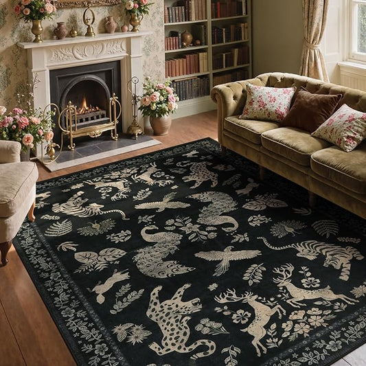 Moynesa Vintage Animal Washable Area Rugs 8x10, Retro Black Gold Area Rug for Living Room Bedroom Dining Room Office Study, Low Pile Soft Non Slip Stain-Resistant Carpets for Home Decor