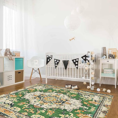 Bohemian Pattern Rectangular Area Rugs for Living Room Bedroom 3 x 5 ft Green & Orange Abstract Non-Shedding Soft Low Pile Rug Non Slip Washable Rug for Nursery Entryway Playroom