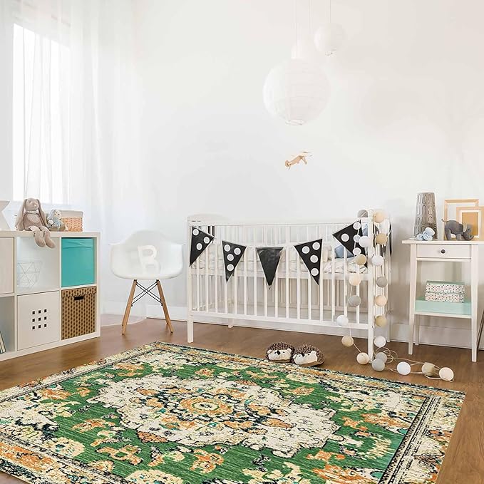 Bohemian Pattern Rectangular Area Rugs for Living Room Bedroom 4 x 6 ft Green & Orange Abstract Non-Shedding Soft Low Pile Rug Non Slip Washable Rug for Nursery Entryway Playroom