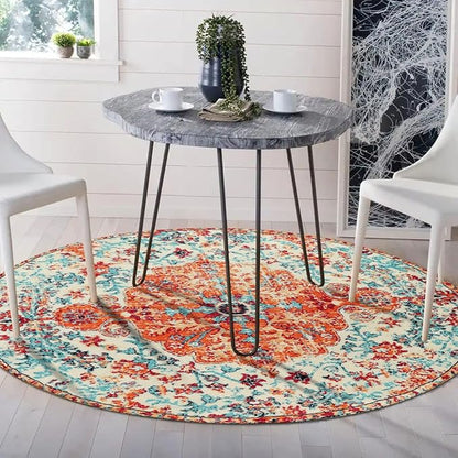 Lahome Bohemian Floral Medallion Round Rug - 4Ft Soft Bedroom Area Rug Oriental Distressed Washable Entryway Foyer Throw Mat Non-Slip Door Carpet for Dining Living Room Bedside Nursery, Orange/Multi
