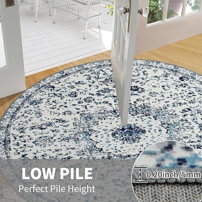 Easy-Going Round Area Rug 3ft Washable Boho Small Circle Rugs for Living Room Non-Slip Bedroom Rug Low Pile Lightweight Floral Print Vintage Throw Rug for Dining Room Kitchen Home Office, Blue Cream
