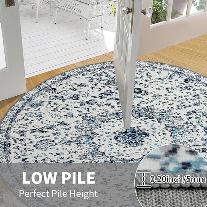 Easy-Going Round Rug 5ft Area Rug Washable Boho Circle Rugs for Living Room Non-Slip Bedroom Rug Low Pile Lightweight Floral Print Vintage Throw Rug for Dining Room Kitchen Home Office, Blue Cream