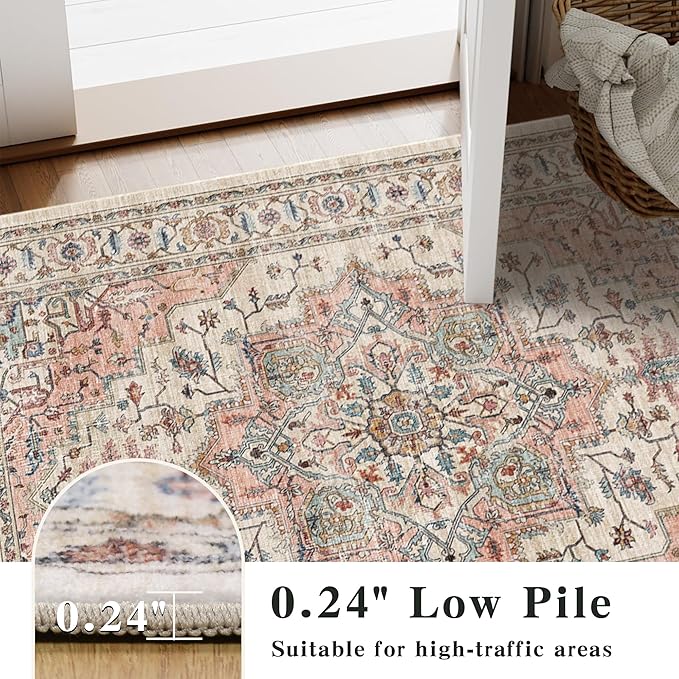 4x6 Area Rug for Bedroom Machine Washable Low Pile Vintage Distressed Rugs Stain Resistant Faux Wool Rug Ultra Soft Non-Slip Area Rugs for Living Room, Playroom, Kitchen,Home Office