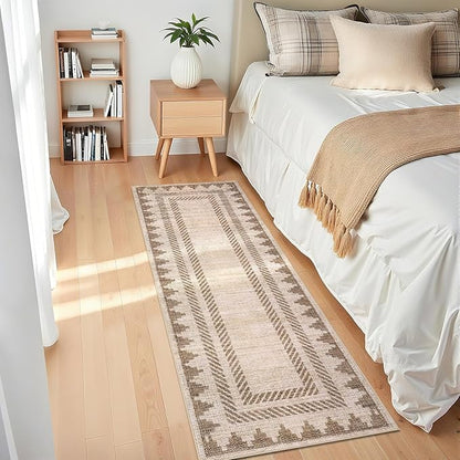 Bordered Printed Non Slip 2x6 Runner Rugs for Hallway Modern Geometric Washable Soft Long Kitchen Rug Stain Resistant Foldable Indoor Rug for Entryway Bedroom, Beige Brown