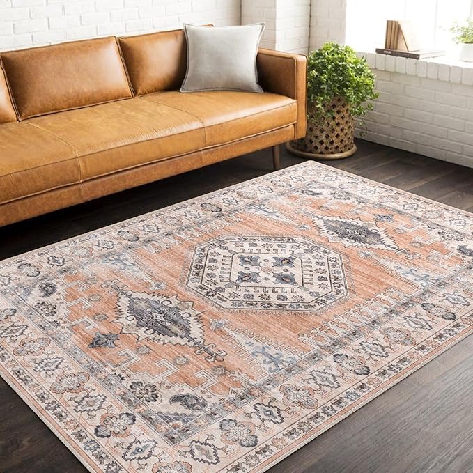 vivorug 6x9 Area Rug, Ultra-Soft Washable Rug for Living Room, Dinner Room, Bedroom, Non-Slip Vintage Distressed Floral Rug, Indoor Carpet Large Area Rug, Orange