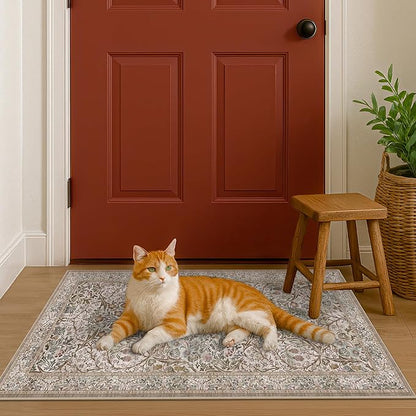 Moss Green Washable 2x4 Entry Rug - Front Door Rugs Indoor, Vintage Floral Style Small Rug for Kitchen, Bathroom, Non-Slip Boho Vintage Dark Taupe Entryway Décor