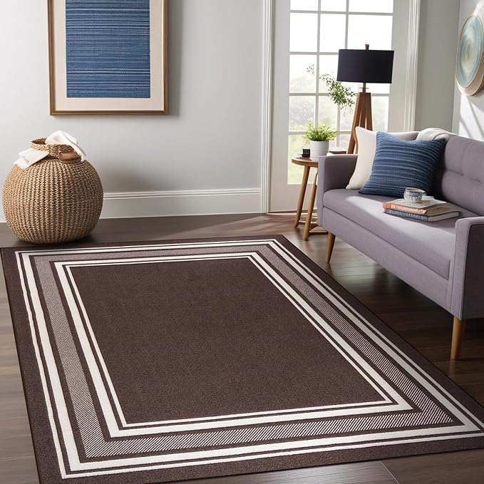 Beverly Rug Non Slip Area Rugs 8x10 Modern Bordered Non Skid Rubber Backing Soft Area Rug for Living Dining Room Easy to Clean Non Shedding Kitchen Bedroom Indoor Carpet 8 x 10 Brown