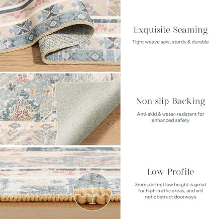 Phantoscope Washable Area Rug 9'x12' Non-Slip, Vintage Neutral Rugs for Living Room, Bedroom, Dining Room, Distressed Boho Geometric Medallion Pattern, Low-Pile Foldable Floor Carpet, Dusty Blue/Multi