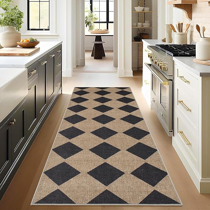 Checkered Easy Jute Runner Rug,2x6 Kitchen Runner Rugs for Hallway Non Slip Washable Checkered Indoor Outdoor Carpet for Laundry Room Bedroom Entry 6ft