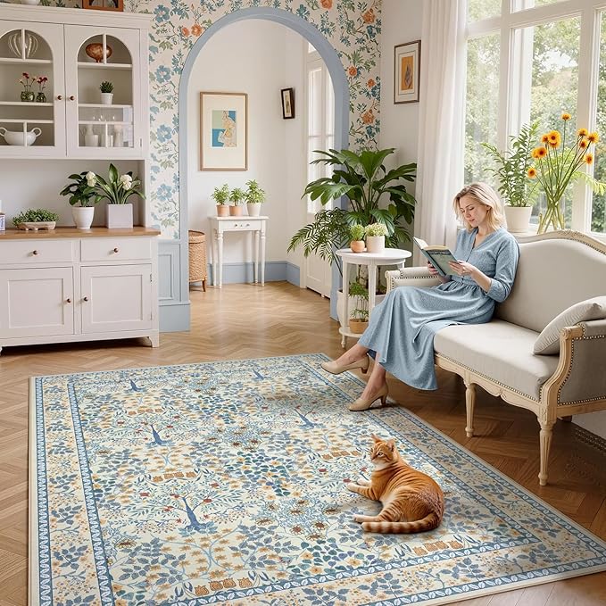5x7 Area Rugs Living Room Rug - Floral Vintage Morris-Inspired Washable Carpet, Low Pile Non-Shedding Stain Resistance Boho Soft Carpet for Bedroom, Dining Room, Office, Farmhouse (5'x7' Blue/Orange)